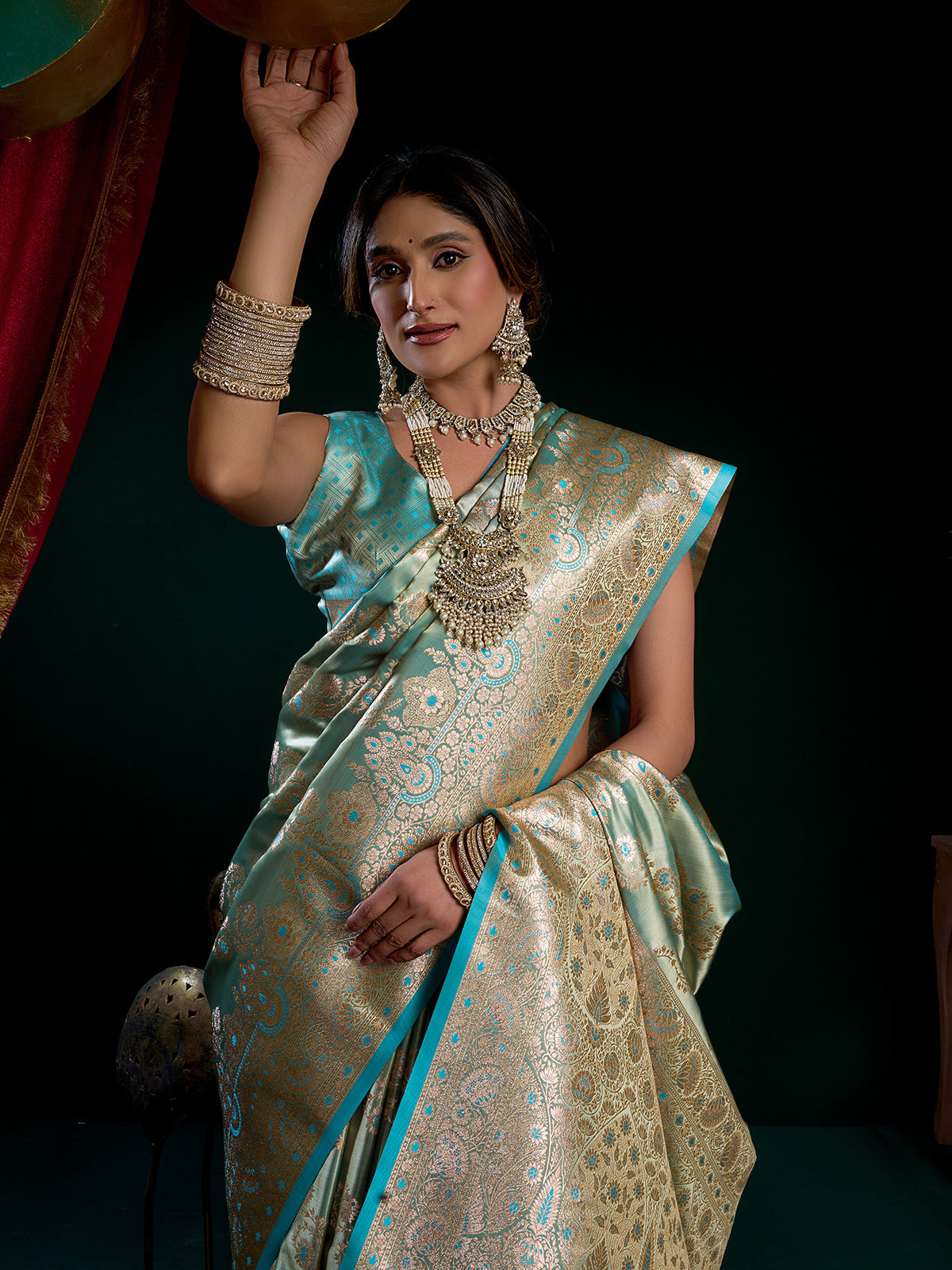 Rama blue banarasi silk saree for wedding wear