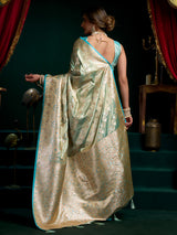 Rama blue banarasi silk saree for wedding wear