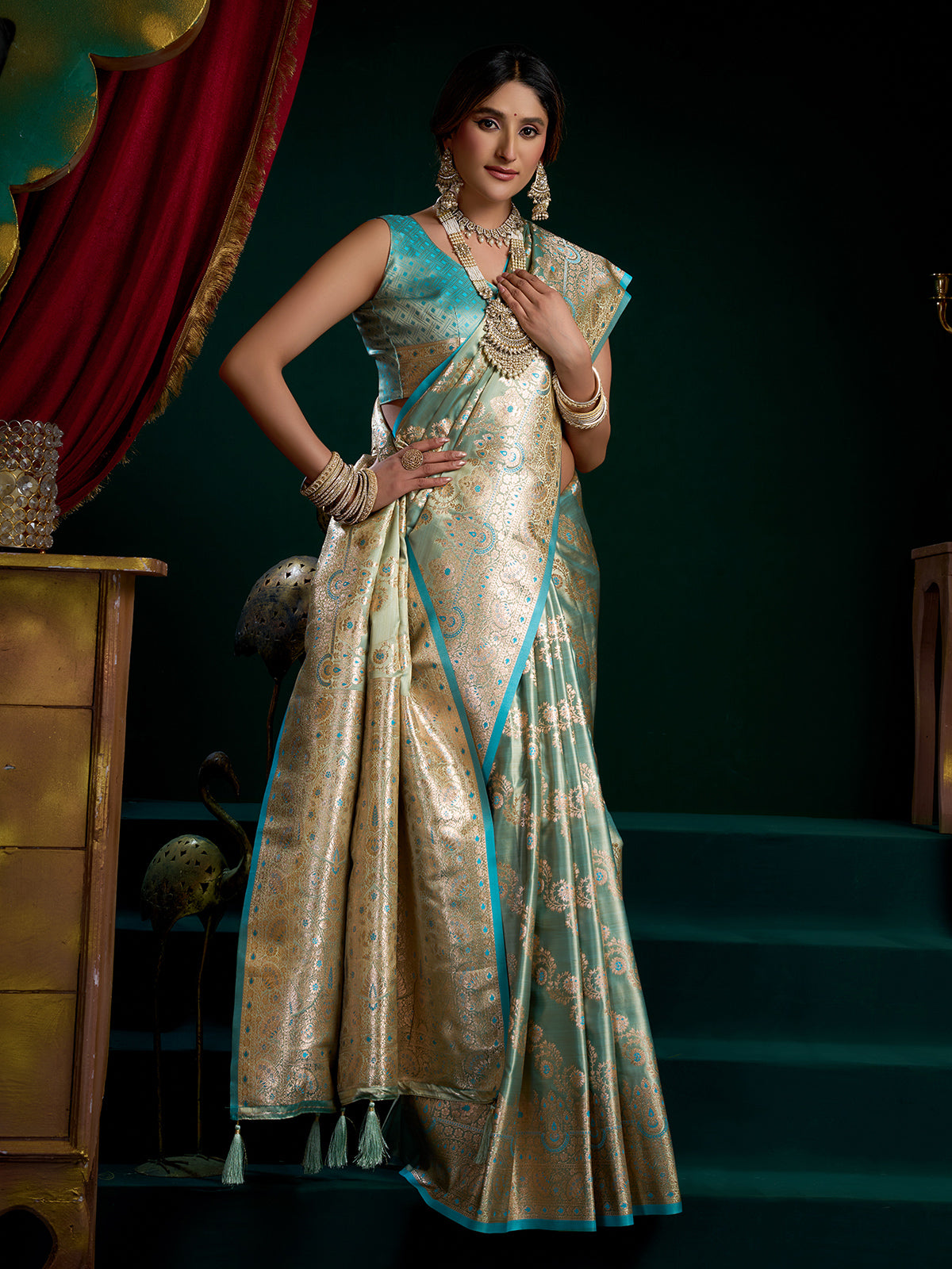 Rama blue banarasi silk saree for wedding wear