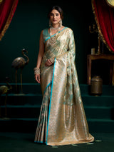 Rama blue banarasi silk saree for wedding wear