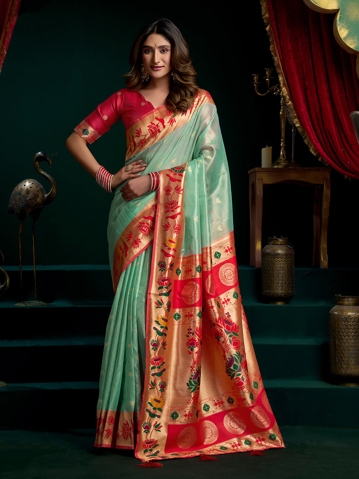 Rama green tissue paithani silk saree for wedding
