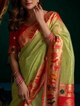Parrot green tissue paithani silk saree