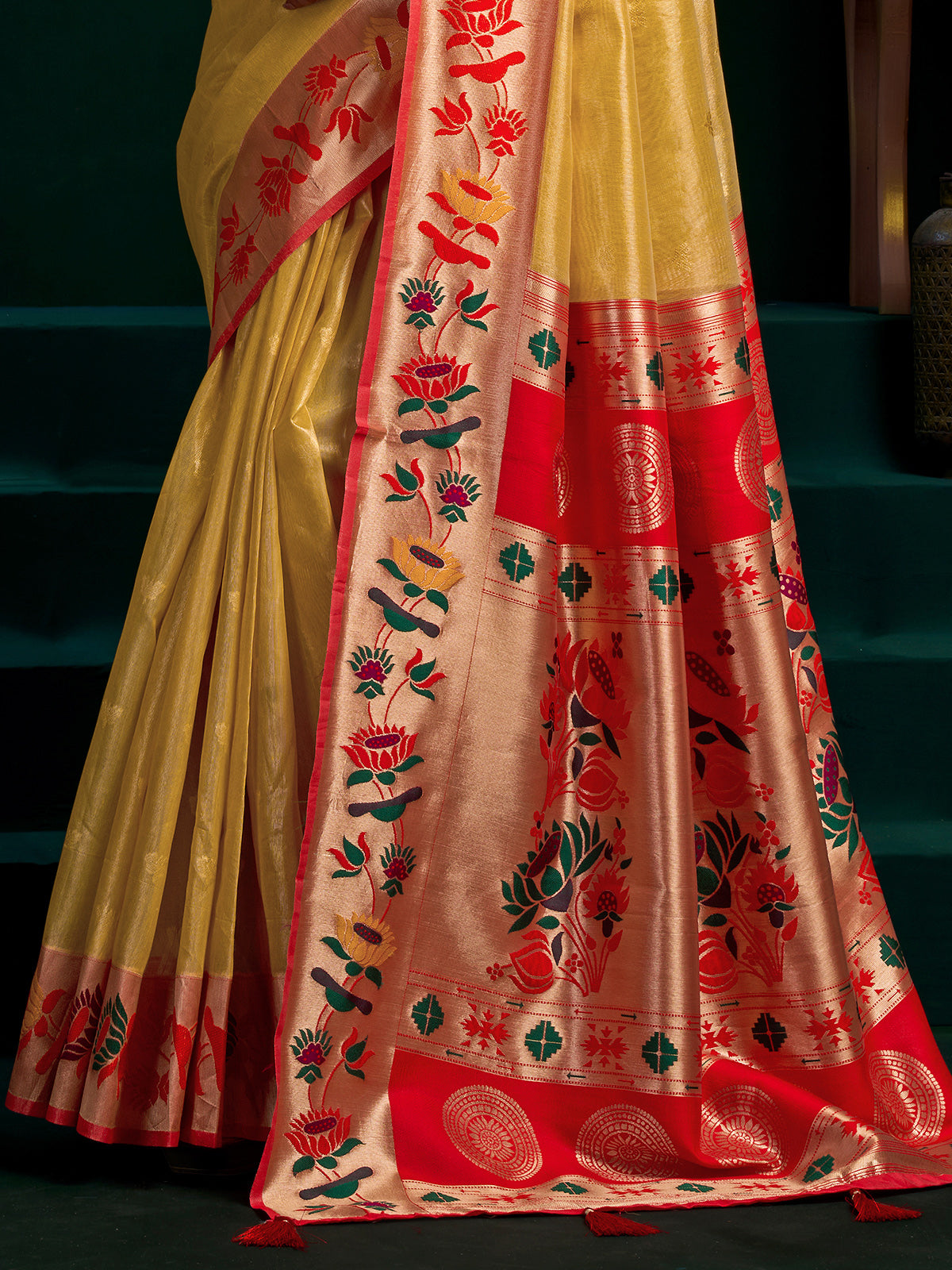 Tissue paithani silk yellow saree