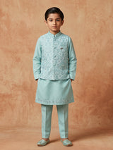 Sky blue printed silk waistcoat set