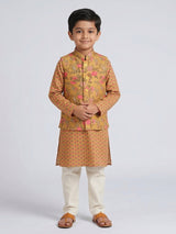 Mustard yellow cotton silk printed waistcoat set