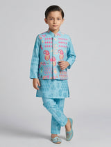 Printed blue cotton waistcoat set for boys