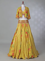 Yellow silk printed lehenga choli with short jacket