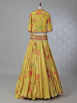 Yellow silk printed lehenga choli with short jacket