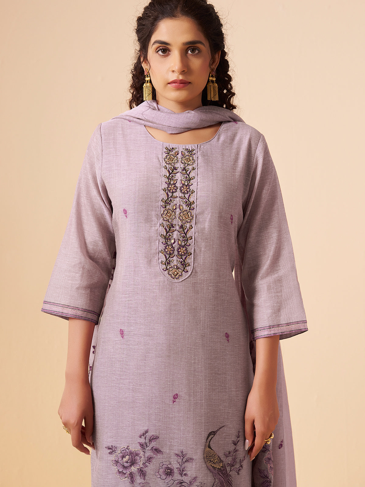 Lavender purple floral printed linen kurti set with dupatta
