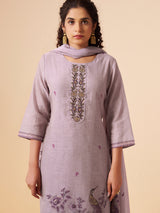 Lavender purple floral printed linen kurti set with dupatta