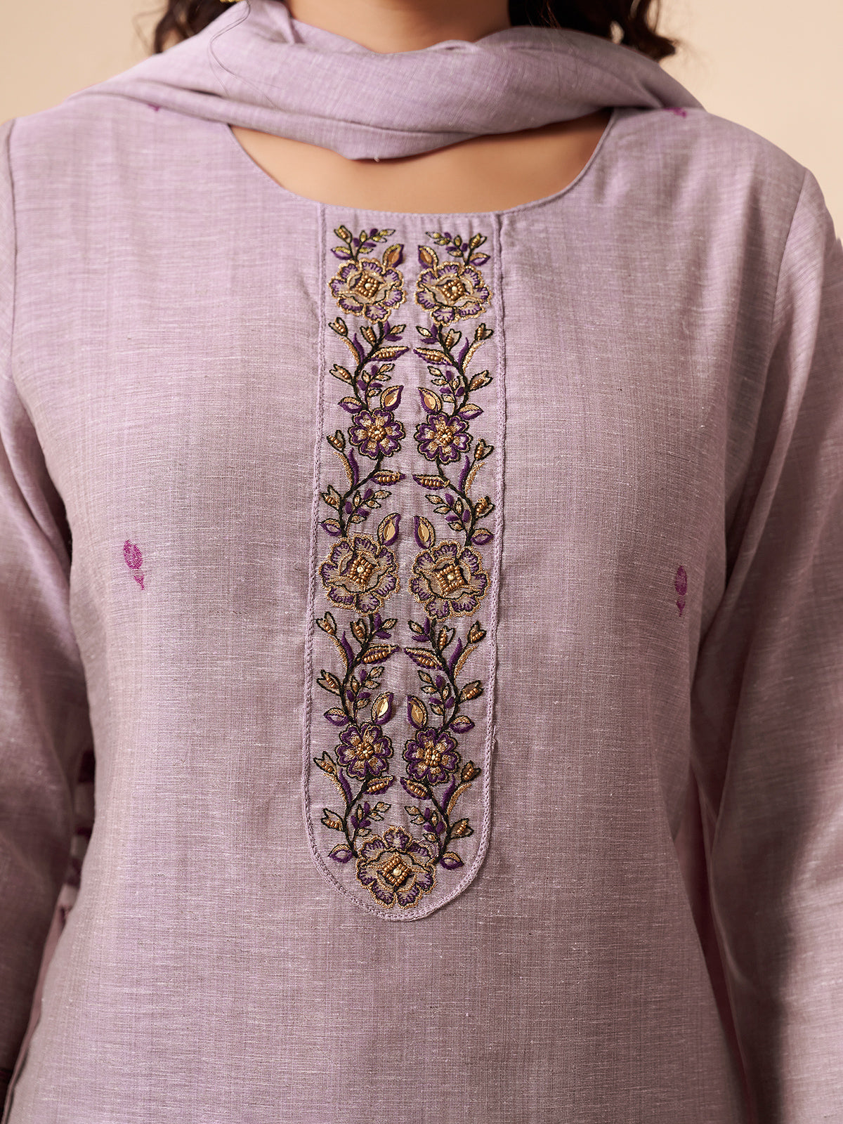 Lavender purple floral printed linen kurti set with dupatta