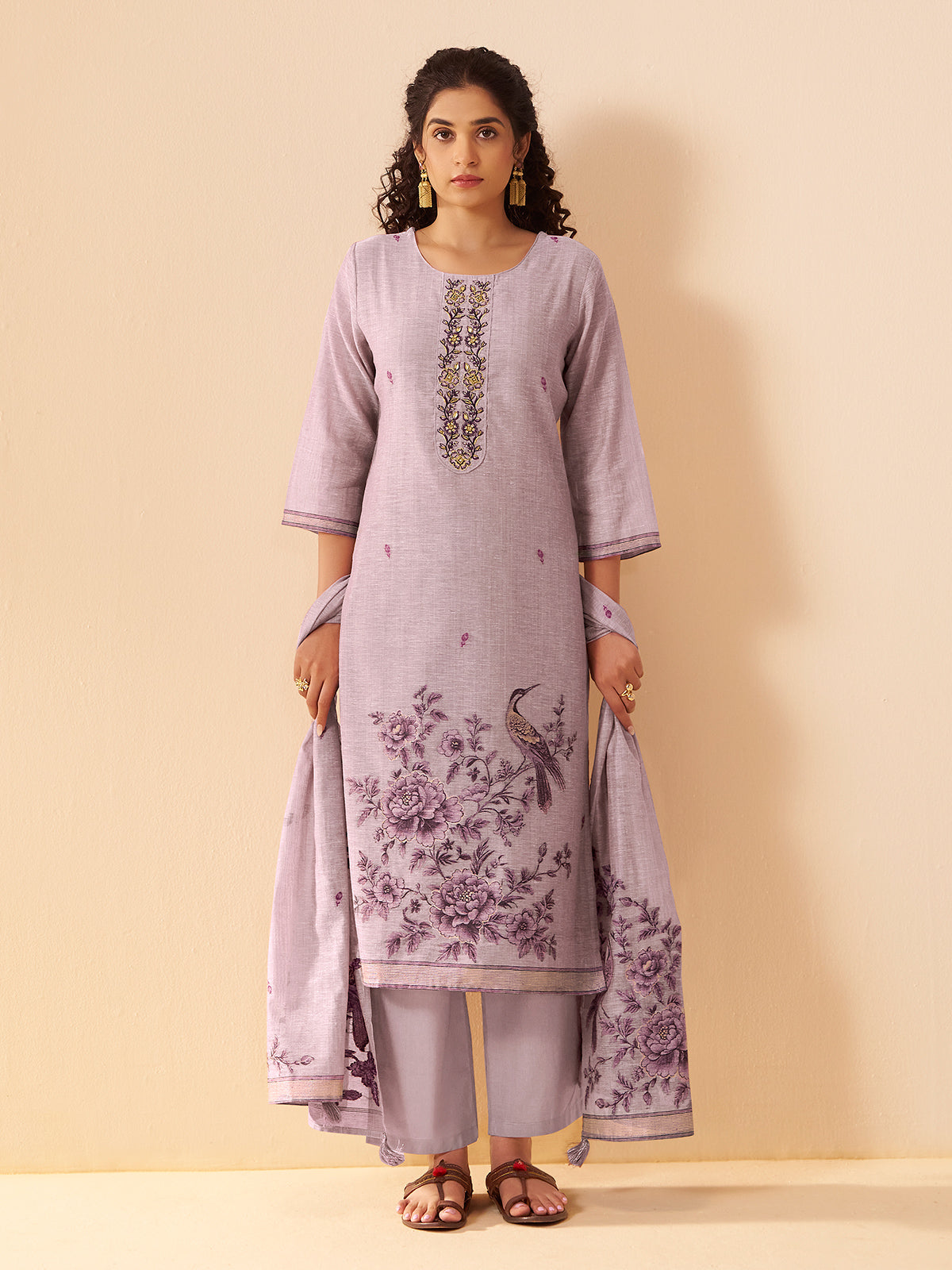 Lavender purple floral printed linen kurti set with dupatta