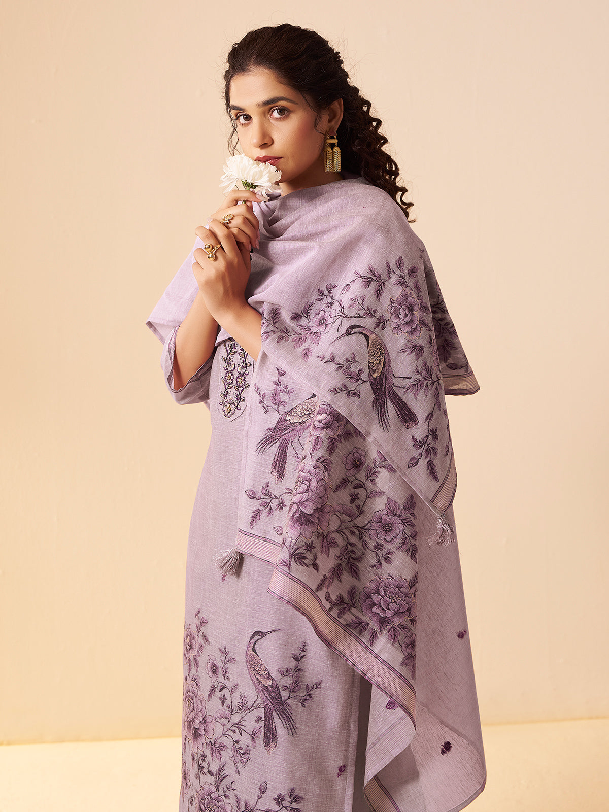 Lavender purple floral printed linen kurti set with dupatta