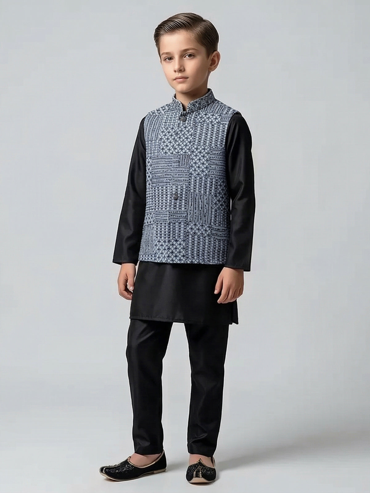 Black silk thread and sequins waistcoat set