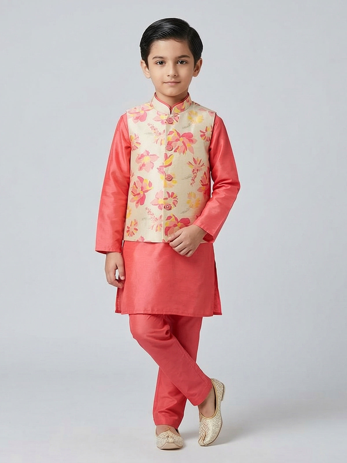 Pink silk printed chinese collar waistcoat set