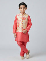 Pink silk printed chinese collar waistcoat set
