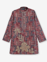Brown printed cotton silk kurta suit for boys wedding wear