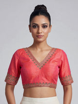 Orange raw silk zardosi embellished V neck blouse