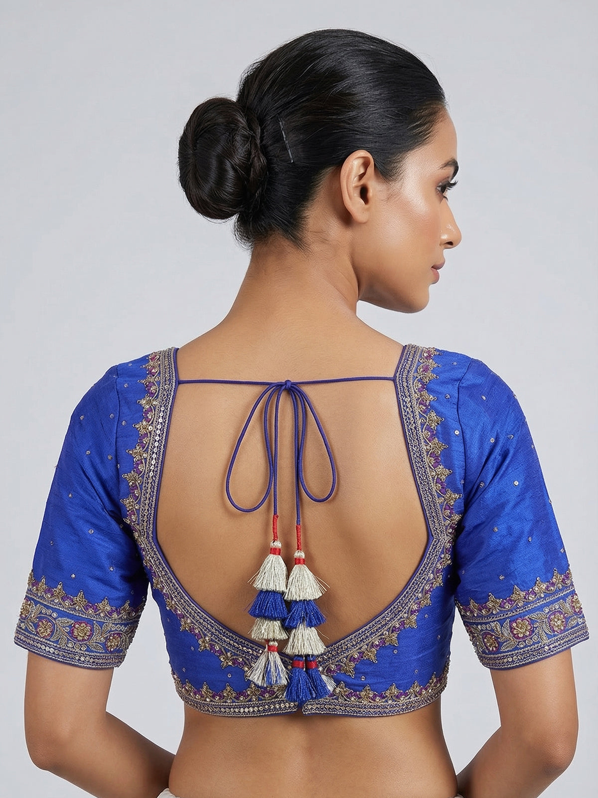 Blue raw silk zardosi V neck designer blouse