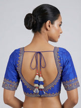 Blue raw silk zardosi V neck designer blouse