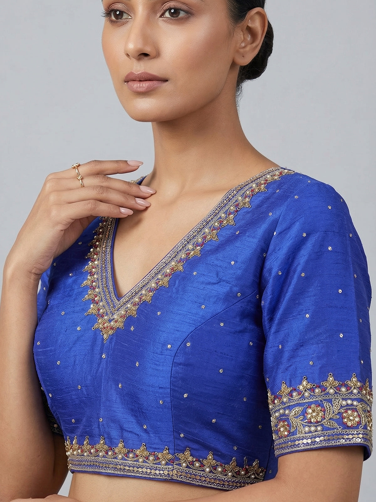 Blue raw silk zardosi V neck designer blouse