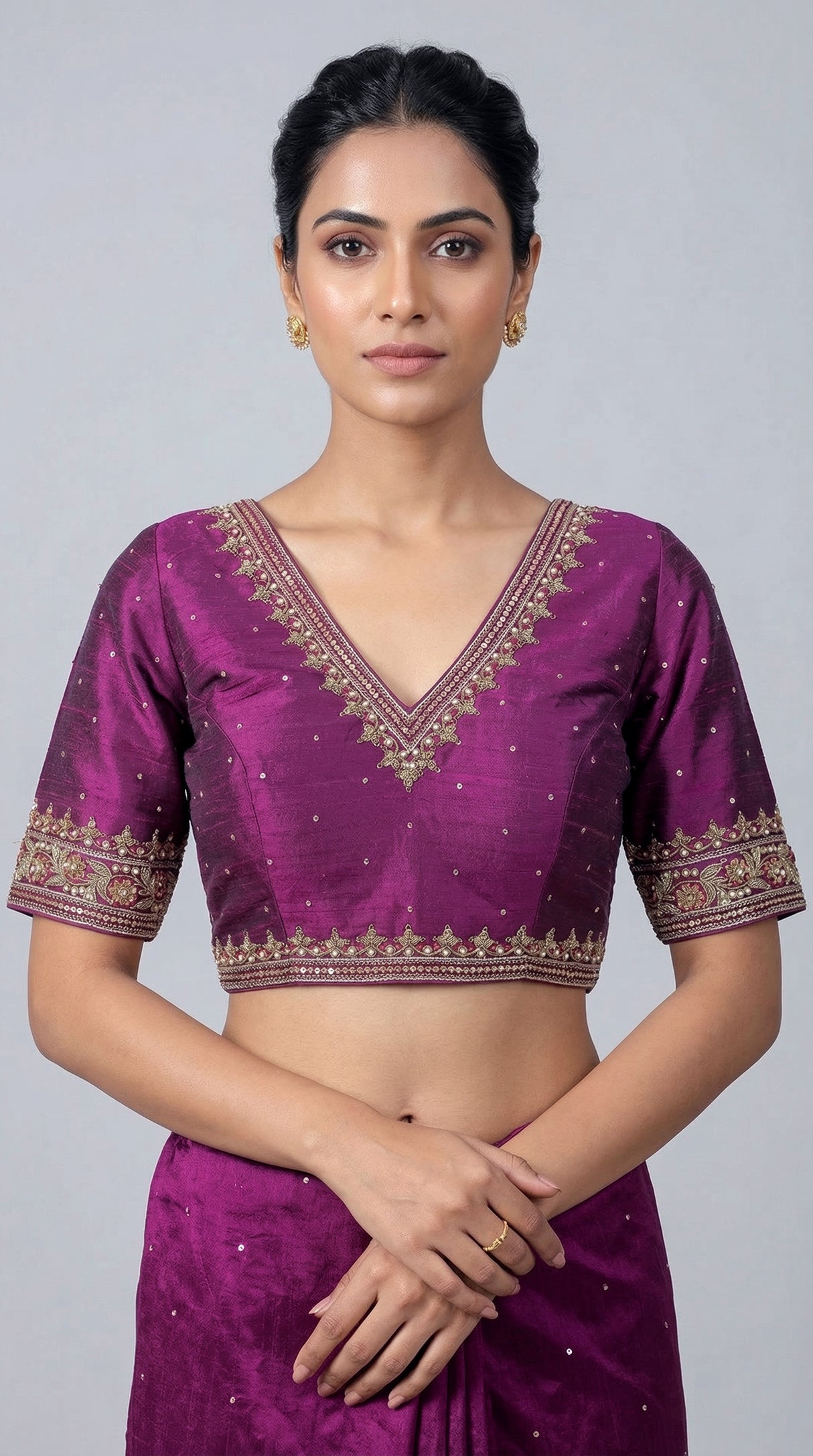Purple raw silk embellished V neck blouse