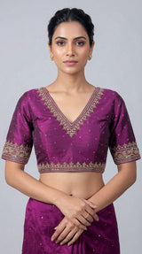 Purple raw silk embellished V neck blouse