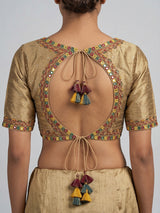 Beige raw silk mirror work sweetheart neck blouse