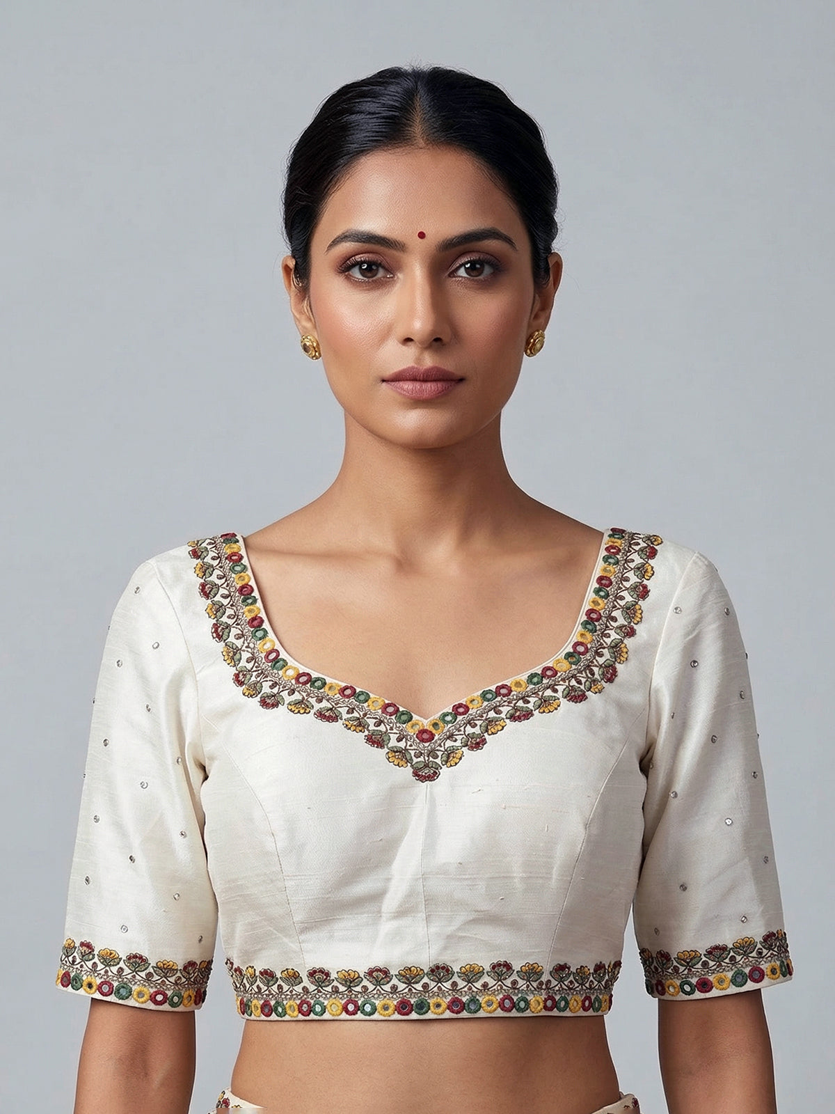 White raw silk mirror work sweetheart neck blouse