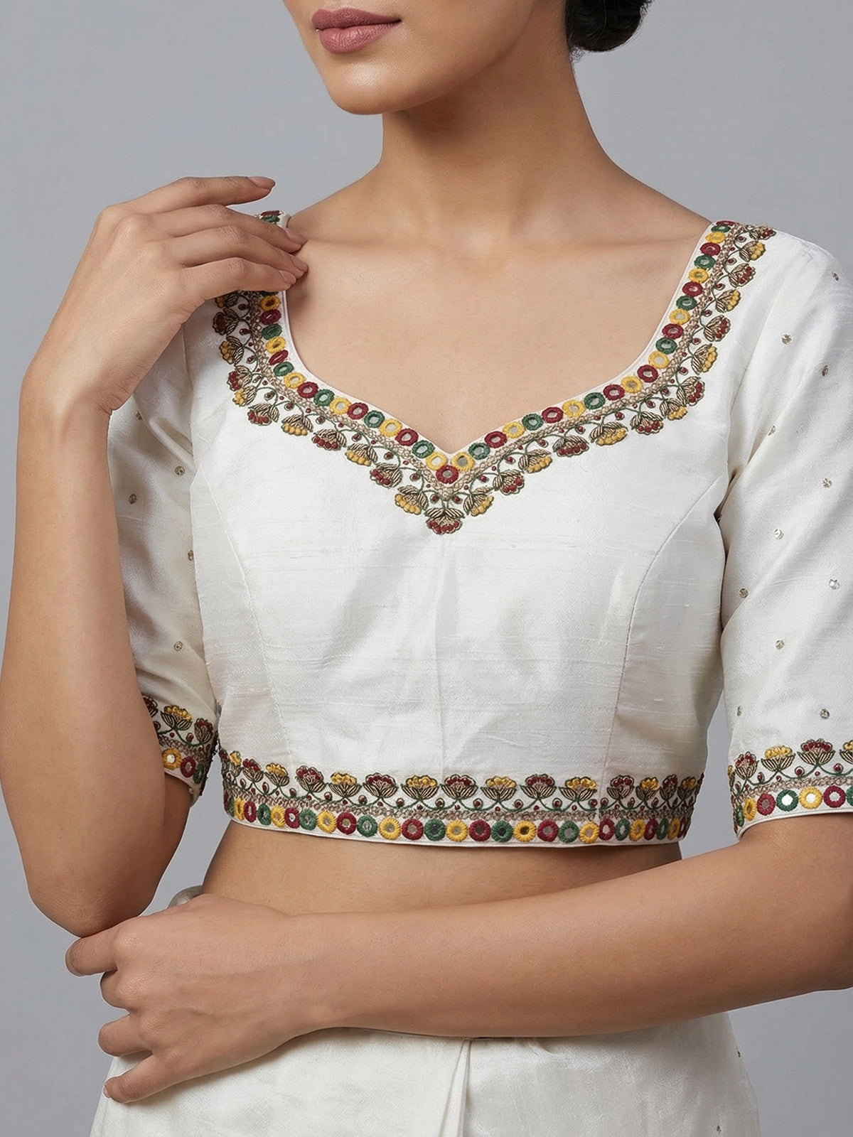 White raw silk mirror work sweetheart neck blouse