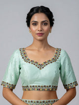 Aqua blue raw silk mirror work blouse