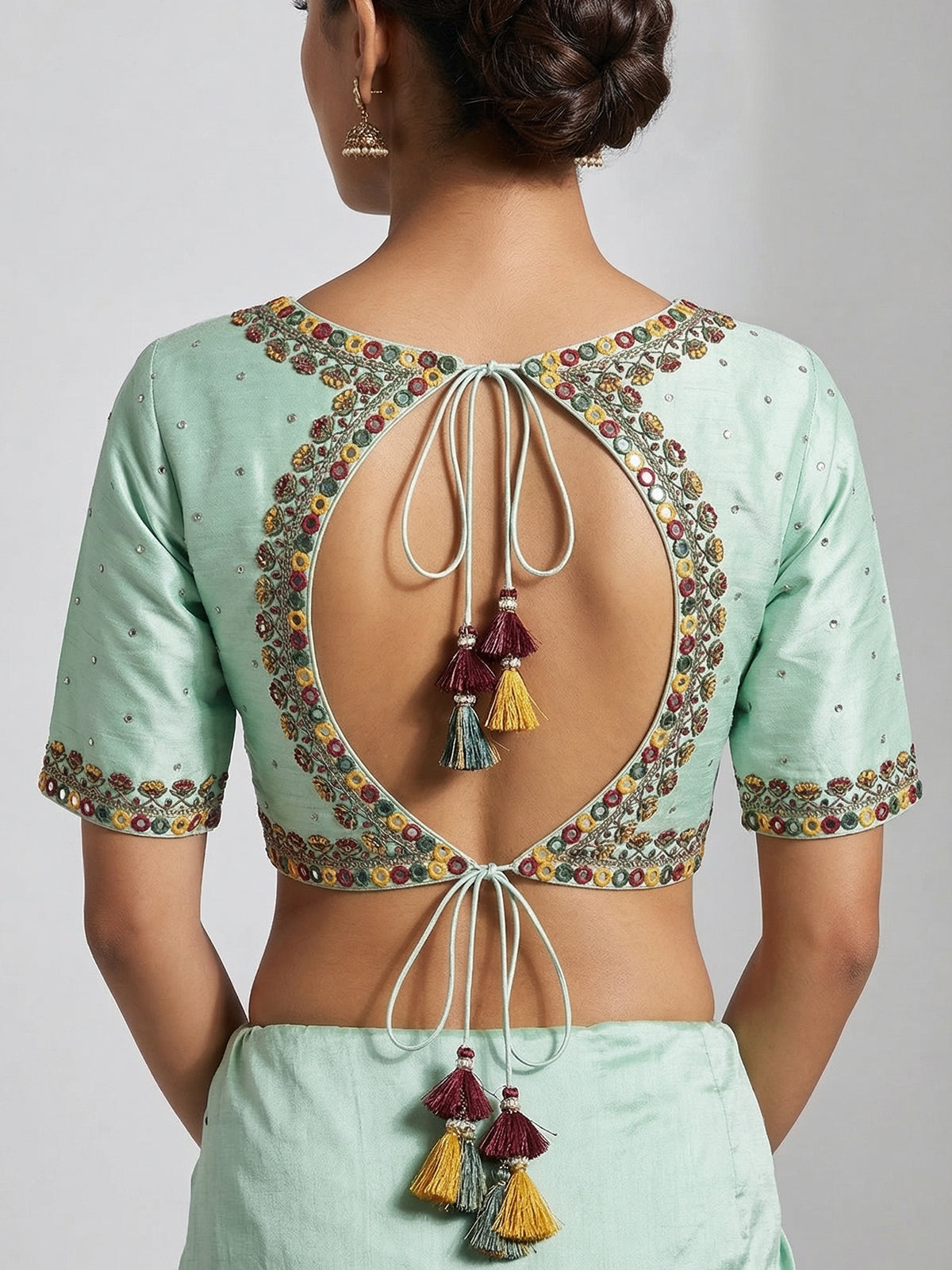 Aqua blue raw silk mirror work blouse