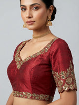 Maroon raw silk zardosi work sweetheart blouse