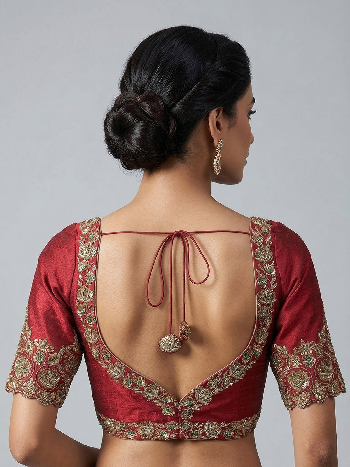 Maroon raw silk zardosi work sweetheart blouse