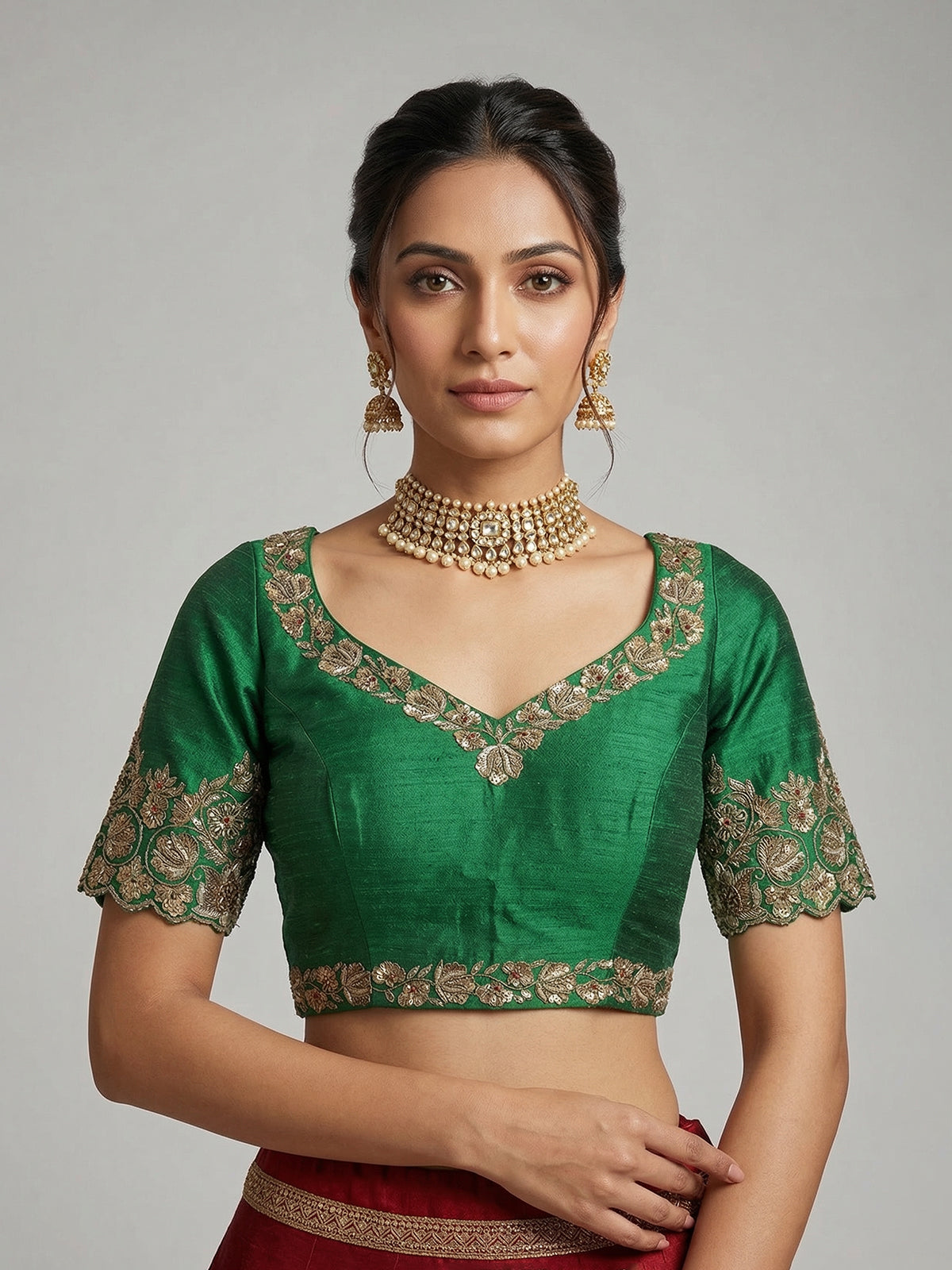 Green raw silk zardosi work sweetheart blouse