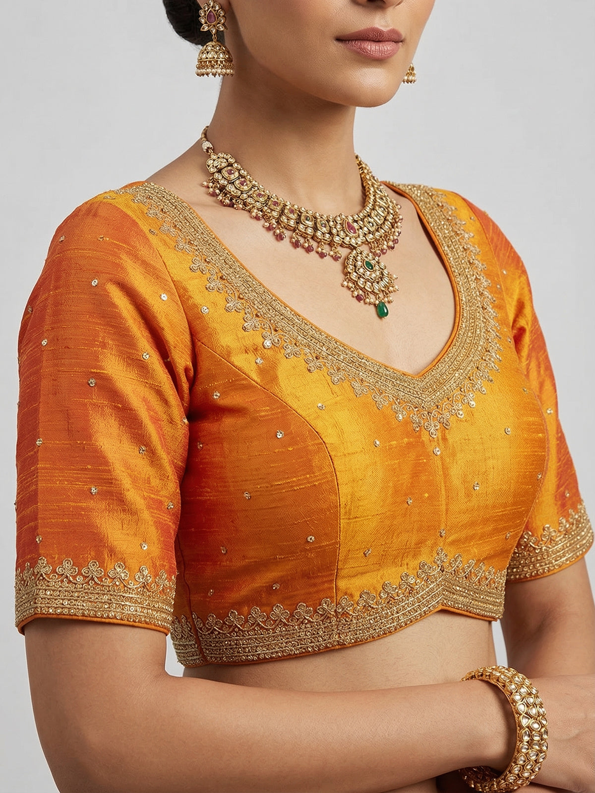 Mustard yellow raw silk stone work blouse