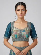 Rama blue printed modal silk blouse with cutdana work