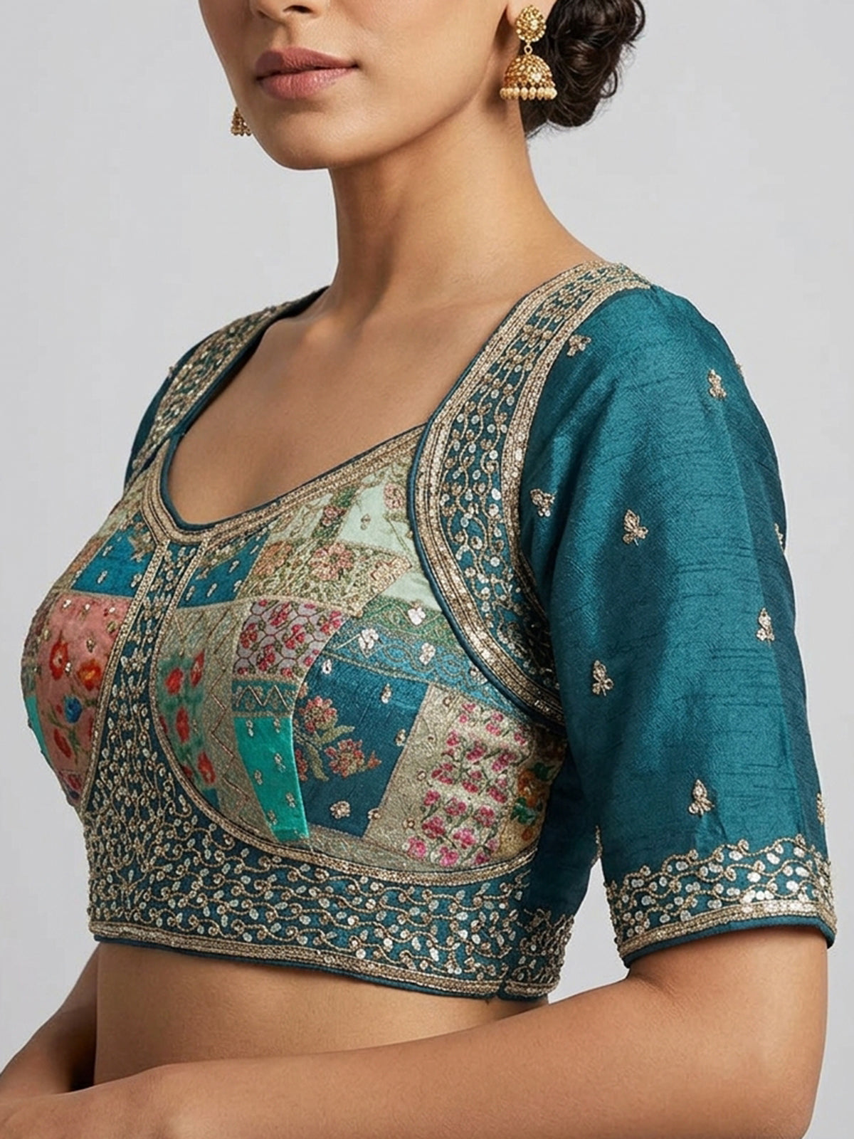 Rama blue printed modal silk blouse with cutdana work