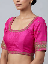Magenta raw silk heavy embellished elbow sleeve blouse