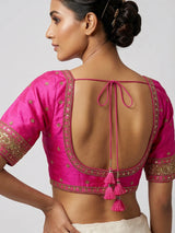 Magenta raw silk heavy embellished elbow sleeve blouse