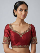Maroon raw silk zardosi work sweetheart blouse