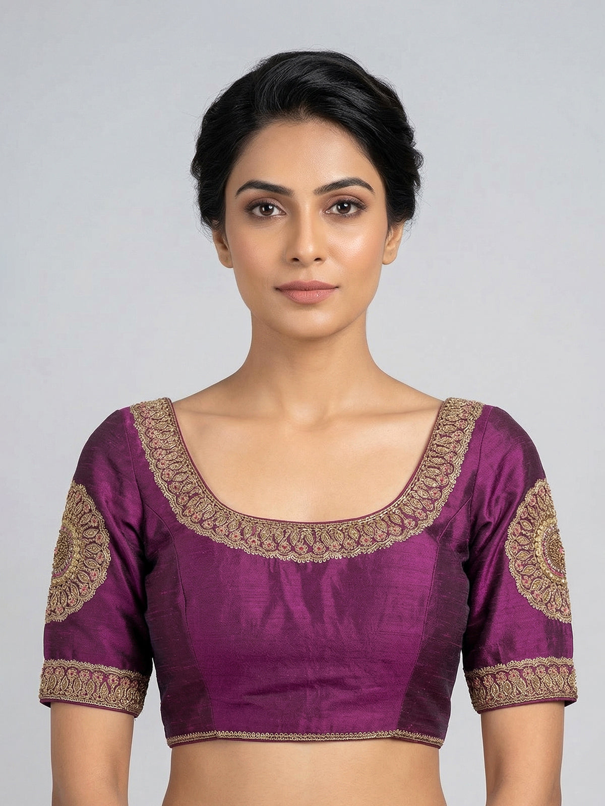Purple raw silk embroidered round neck blouse