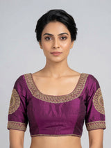 Purple raw silk embroidered round neck blouse