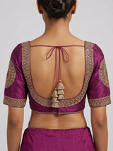 Purple raw silk embroidered round neck blouse