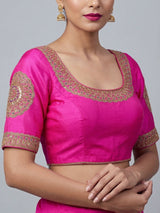Magenta raw silk zardosi work round neck blouse