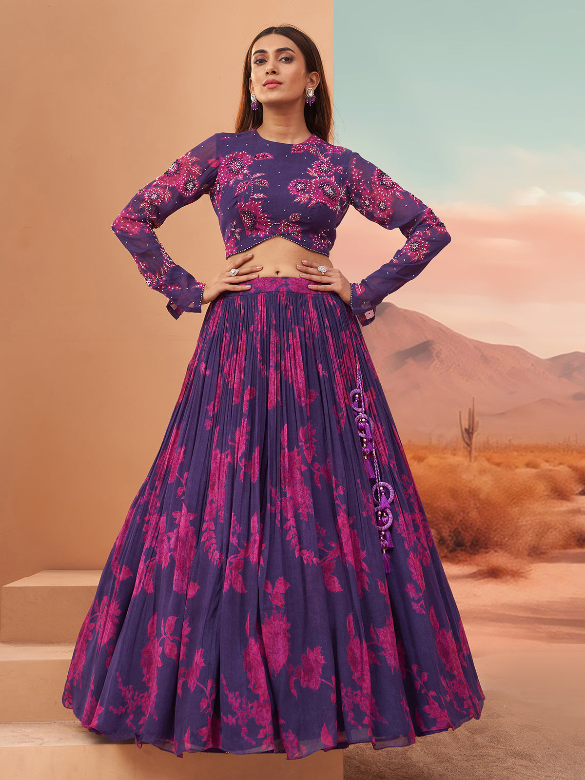 Purple georgette lehenga choli with floral print