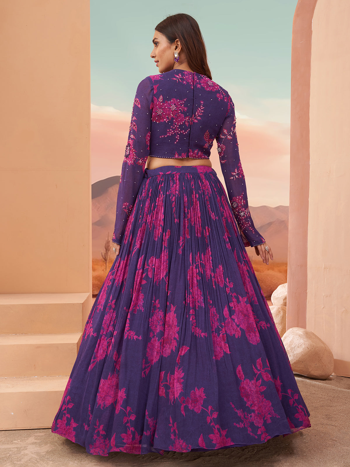 Purple georgette lehenga choli with floral print
