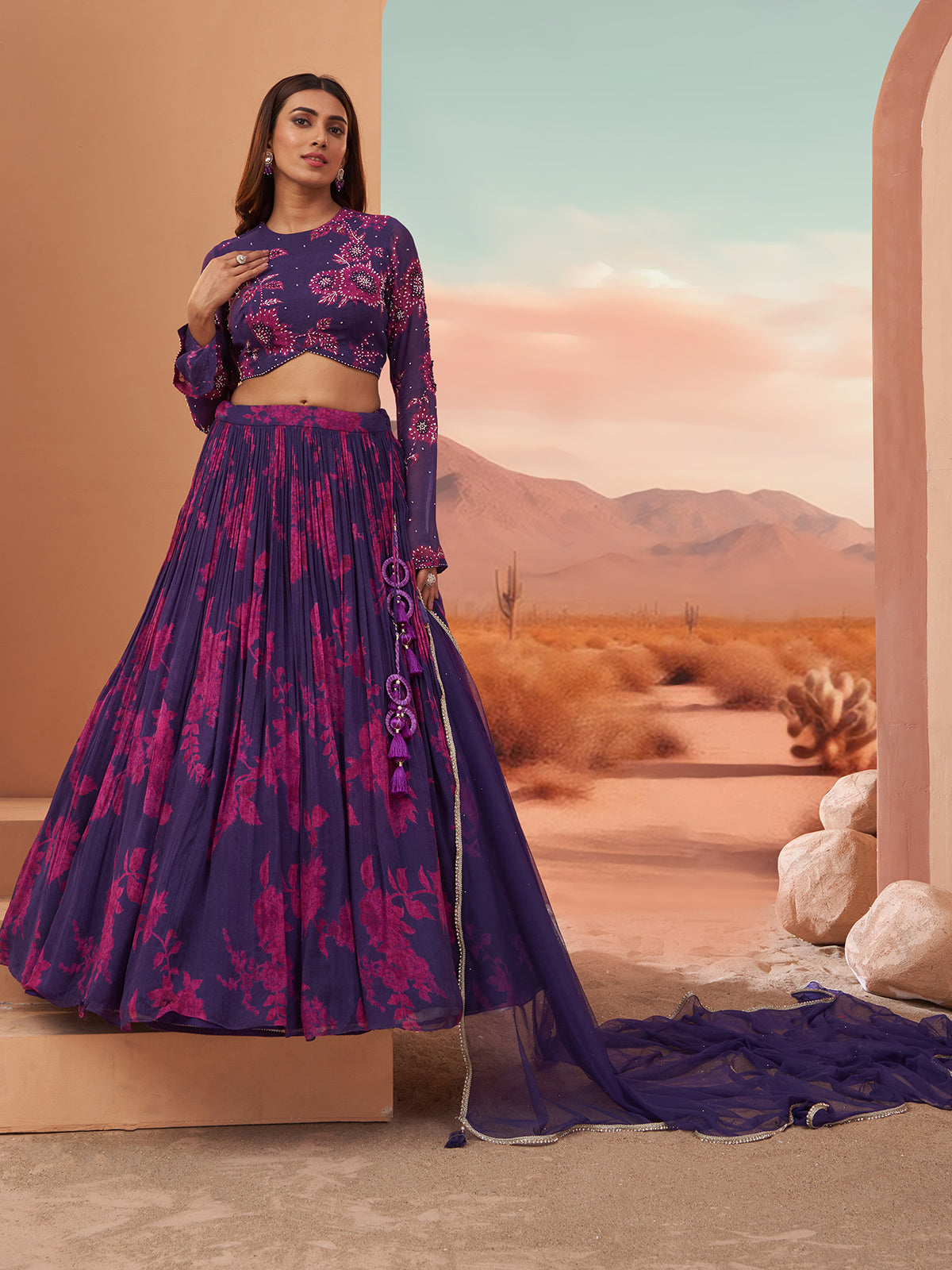 Purple georgette lehenga choli with floral print