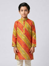 Red and yellow bandhej silk kurta