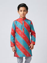 Red and blue bandhej silk kurta